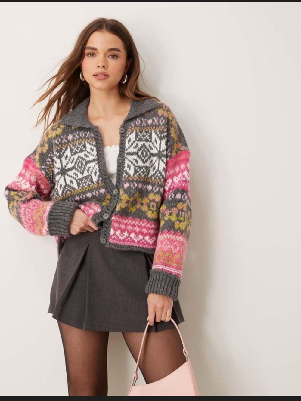 Free People Multicolor Fair Isle Cropped Cardigan in Gray, Pink & Yellow
